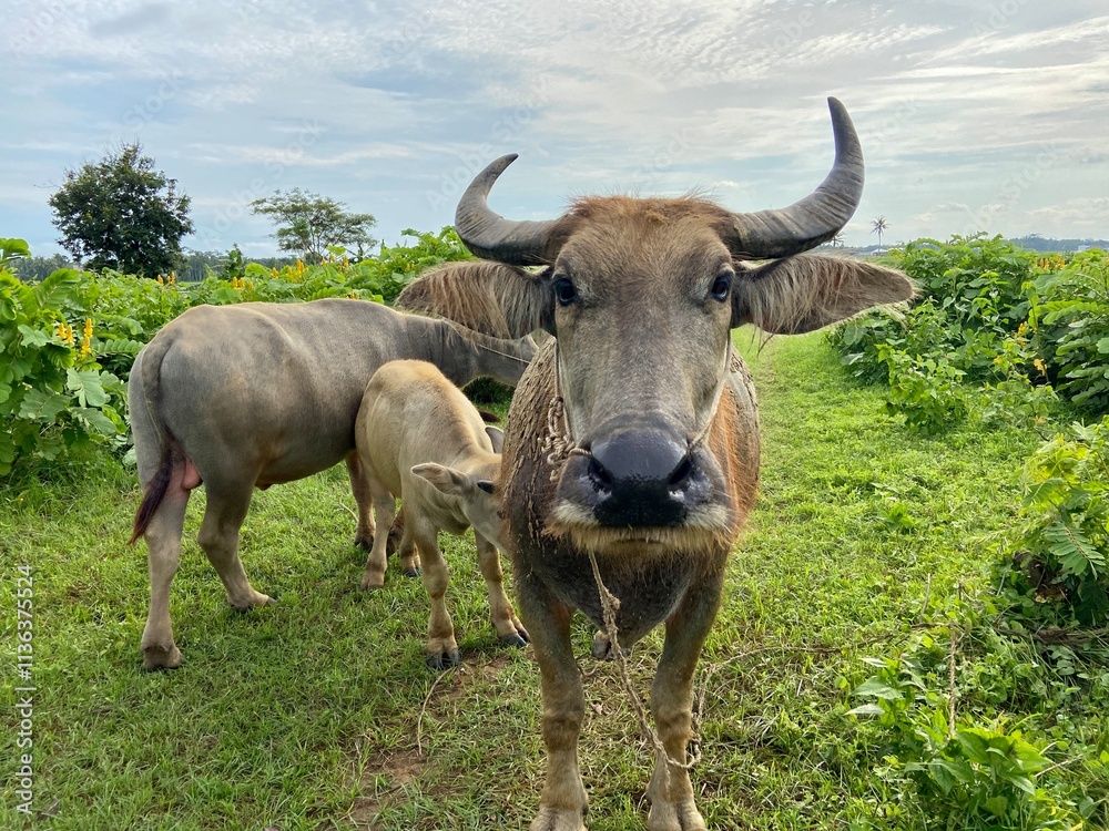 buffalo are looking for wild grass on the edge of the vast rice fields buffalo are looking for wild grass on the edge of the vast rice fields