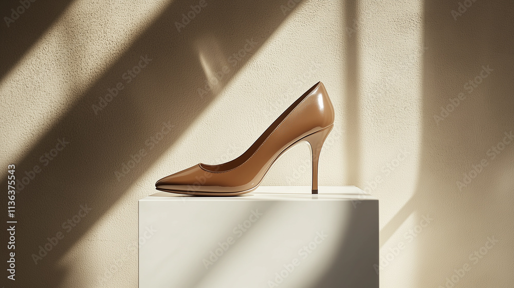 glossy woman's heels in Mocha Mousse color, placed on a white glossy podium glossy woman's heels in Mocha Mousse color, placed on a white glossy podium
