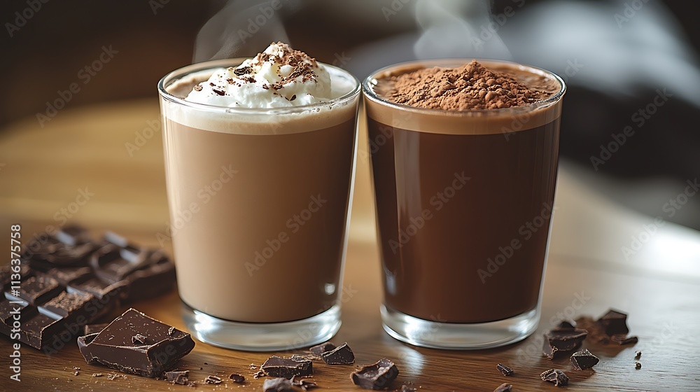 Two Glasses Of Delicious Hot Chocolate With Whipped Cream And Cocoa Powder Two Glasses Of Delicious Hot Chocolate With Whipped Cream And Cocoa Powder