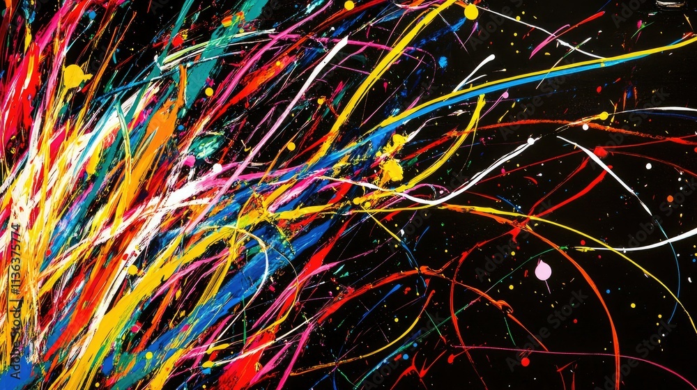 Bright streaks of colorful light dancing across a black background, forming an energetic and modern abstract art. Bright streaks of colorful light dancing across a black background, forming an energetic and modern abstract art.