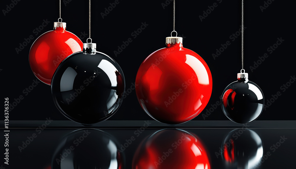  Three Christmas tree balls of different colors - red and black - on thin silver chains and on a dark mirrored background