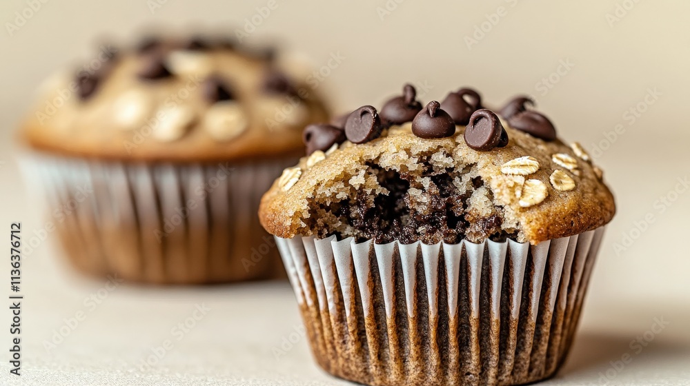 Close Up of tasy Oatmeal Muffin on beige background Close Up of tasy Oatmeal Muffin on beige background
