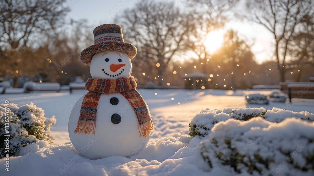 Obraz premium snowman surrounded by frost-covered bushes and trees, with large, intricate snowflakes floating down in the crisp winter air