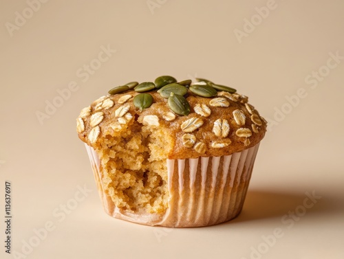 Close Up of tasy Oatmeal Muffin on beige background photo