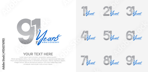 Anniversary logo set vector design, silver and blue color for celebration event