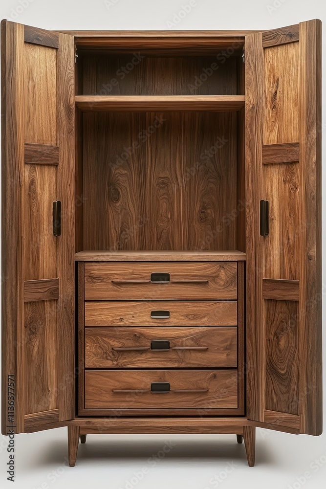 Open walnut wood armoire with four drawers and shelves. Open walnut wood armoire with four drawers and shelves.