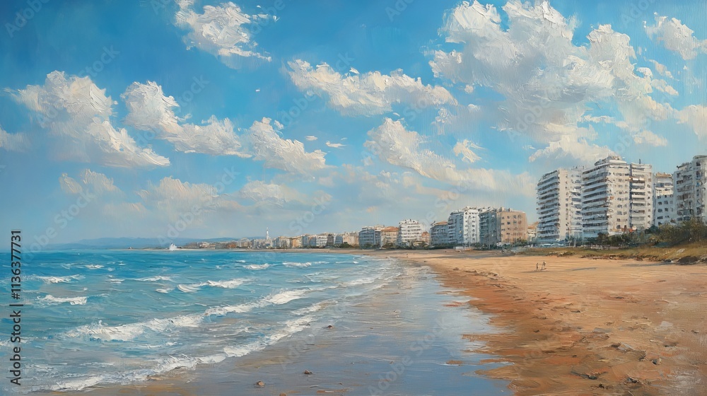 a painting of a beach with buildings in the background a painting of a beach with buildings in the background