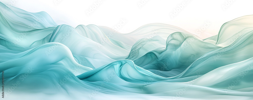 Gentle waves of liquid paint in shades of light blue and seafoam green merge smoothly on a soft white background, forming a peaceful abstract pattern