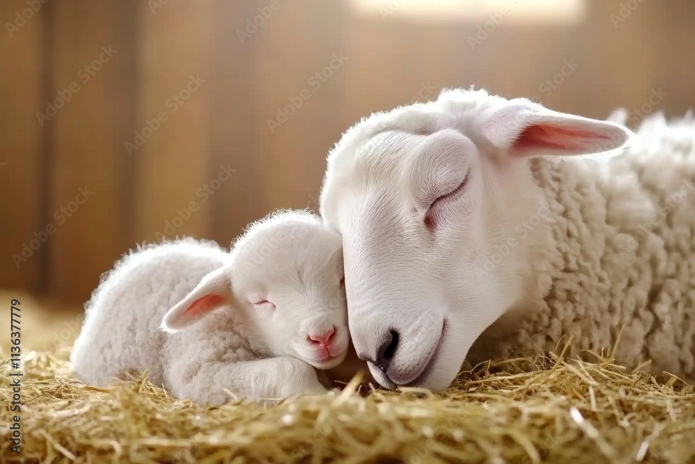 Fototapeta premium A ewe nursing her newborn lamb in a peaceful barn setting, with soft hay as bedding