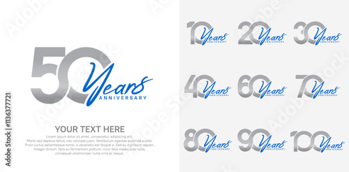 Anniversary logo set vector design, silver and blue color for celebration event