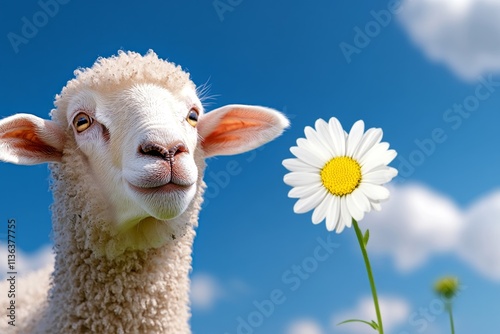 A ewe curiously sniffing a blooming flower in a peaceful rural meadow