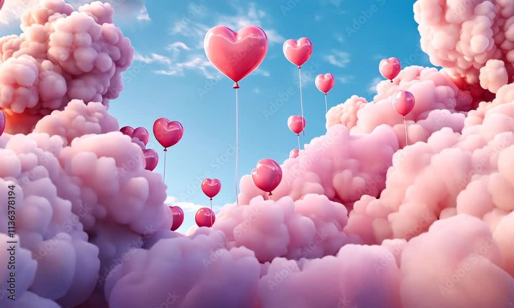 A pink cloud, lots of pink balloons, and a heart floating in the background