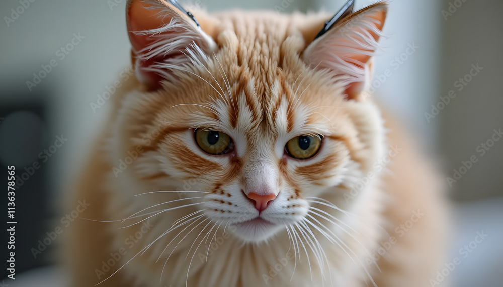 Fluffy orange cat gazing intently at the camera with a serious expression indoors Fluffy orange cat gazing intently at the camera with a serious expression indoors