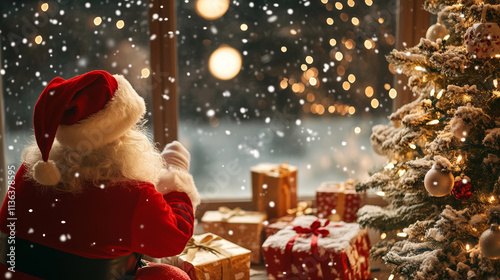 Cozy Christmas scene featuring Santa Claus by window, surrounded by gifts and beautifully decorated tree, with snow gently falling outside