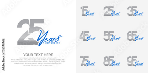 Anniversary logo set vector design, silver and blue color for celebration event