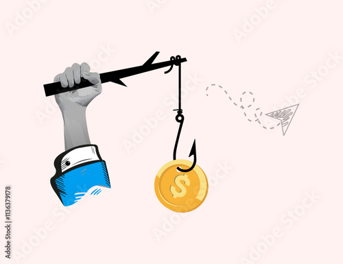 Attract earn. Big hand holds gold coin on stick. Motivate people. Collage Art Vector illustration