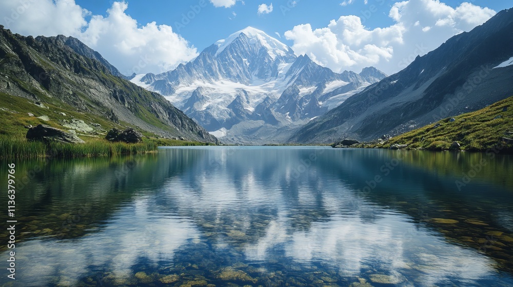 Stunning Poster of a Mountain Lake with Snow-Capped Peaks in the Background Stunning Poster of a Mountain Lake with Snow-Capped Peaks in the Background