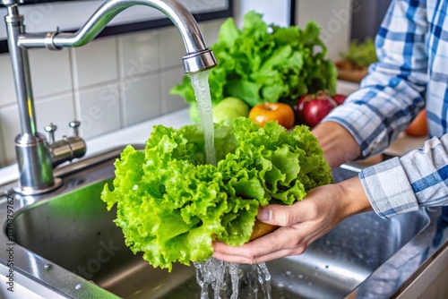  Close up of hands washing fresh green lettuce