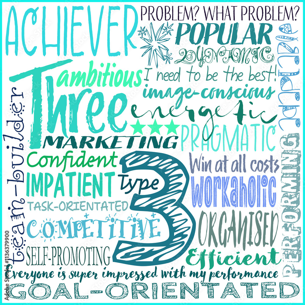 Enneagram type 3 (three) typographical word description graphic