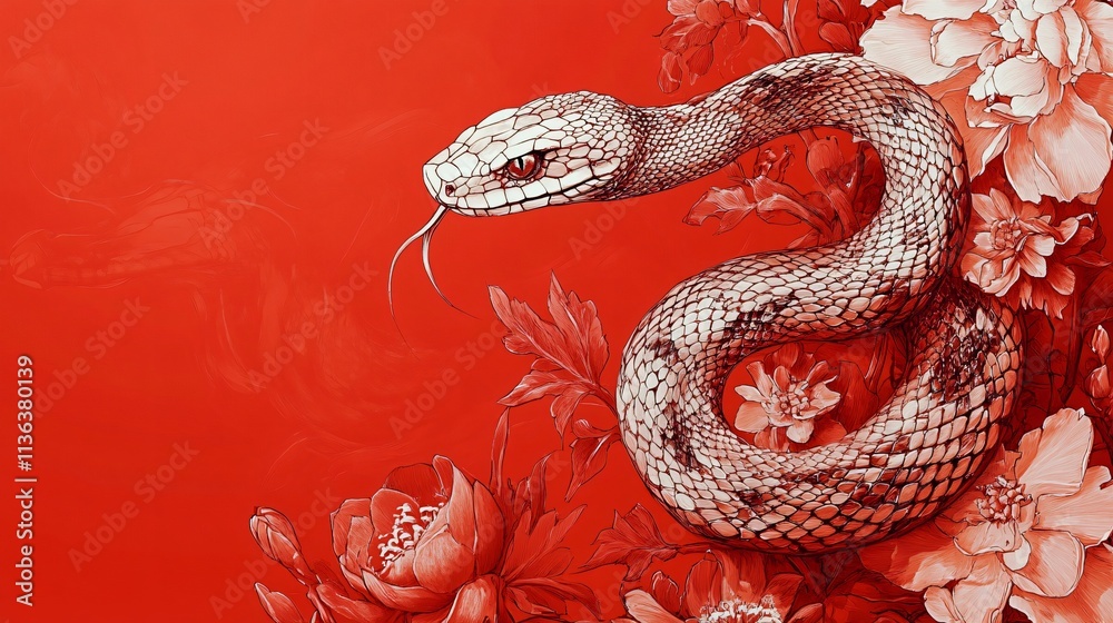 Intricate sketch of a snake entwined in floral elements on a vivid red background, ideal for Year of the Snake celebrations, posters, or elegant decor.
