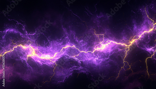 Intense electric purple lightning erupts against a black background, delivering a striking, modern visual