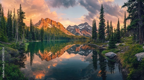 The aurora borealis shines over an alpine forest, with a serene lake mirroring its colorful light display.