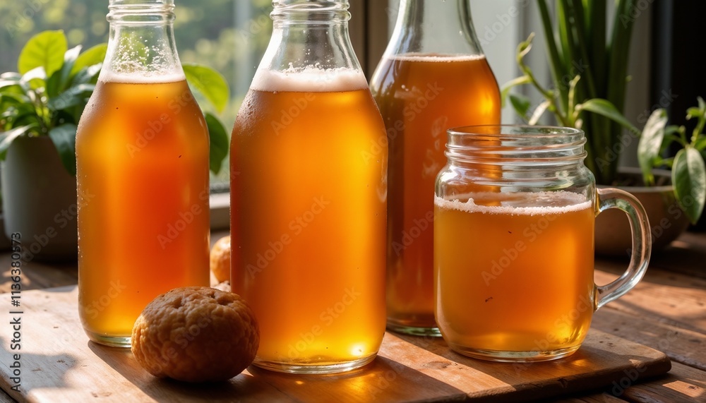 Fizzy kombucha in glass bottles on rustic wooden table Fizzy kombucha in glass bottles on rustic wooden table