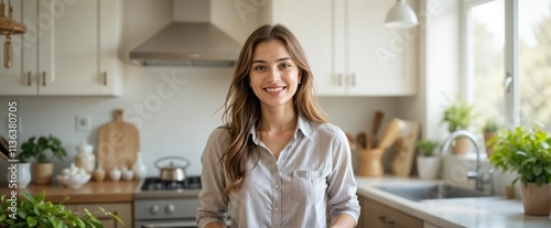 Happy Woman Expressing Gratitude in a Modern Kitchen