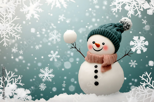 Cheerful Snowman with Wool Hat and Scarf in a Winter Wonderland