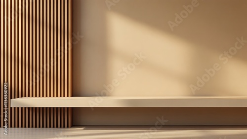 Wallpaper Mural Concrete tabletop on wooden wall panels background for product presentation. Empty countertop with vertical slats. Aesthetic podium mockup in modern studio interior. Torontodigital.ca