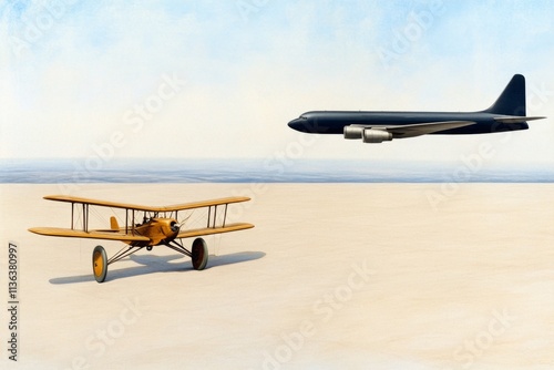 A historical image of early aviation with the Wright brothers plane transitioning into a modern commercial jetliner