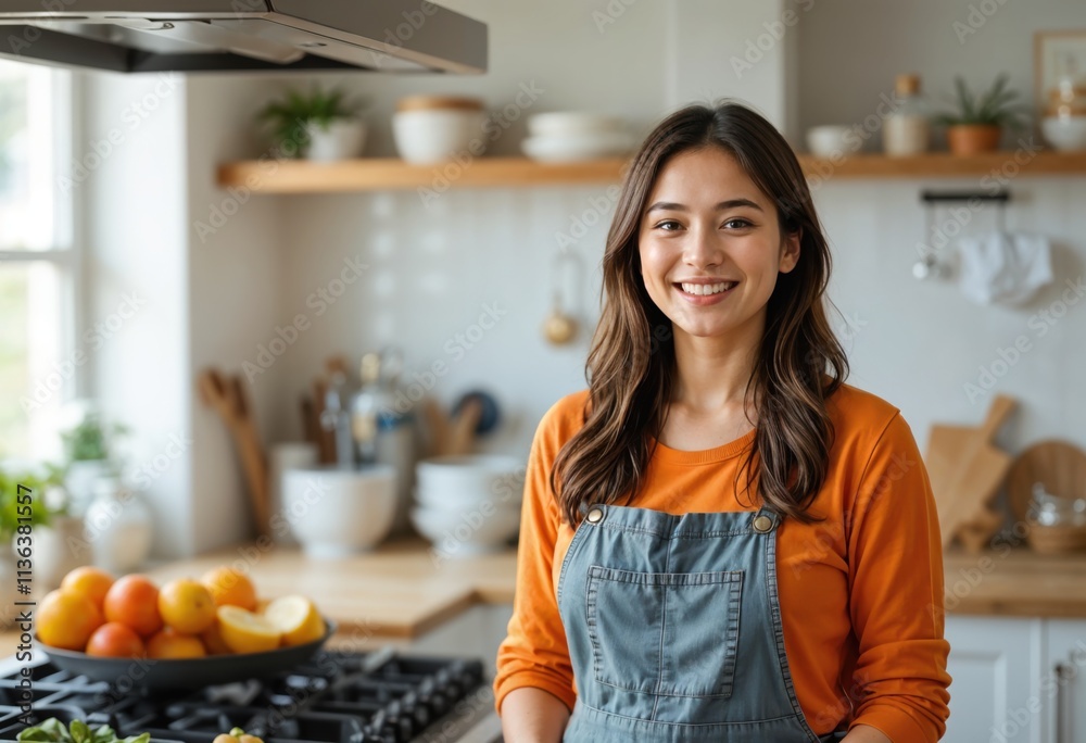 Happy Woman Expressing Gratitude in a Modern Kitchen Happy Woman Expressing Gratitude in a Modern Kitchen