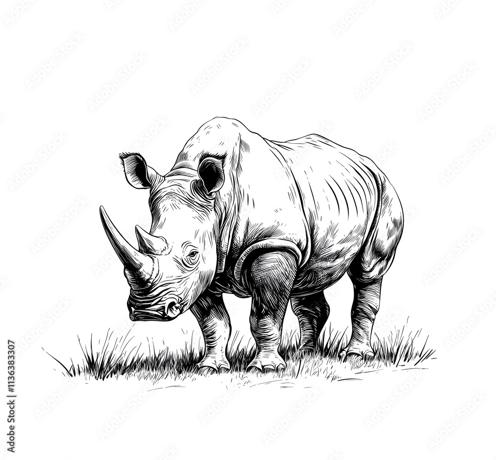 Fototapeta premium Ink drawing of an African rhinoceros standing on grass, white background