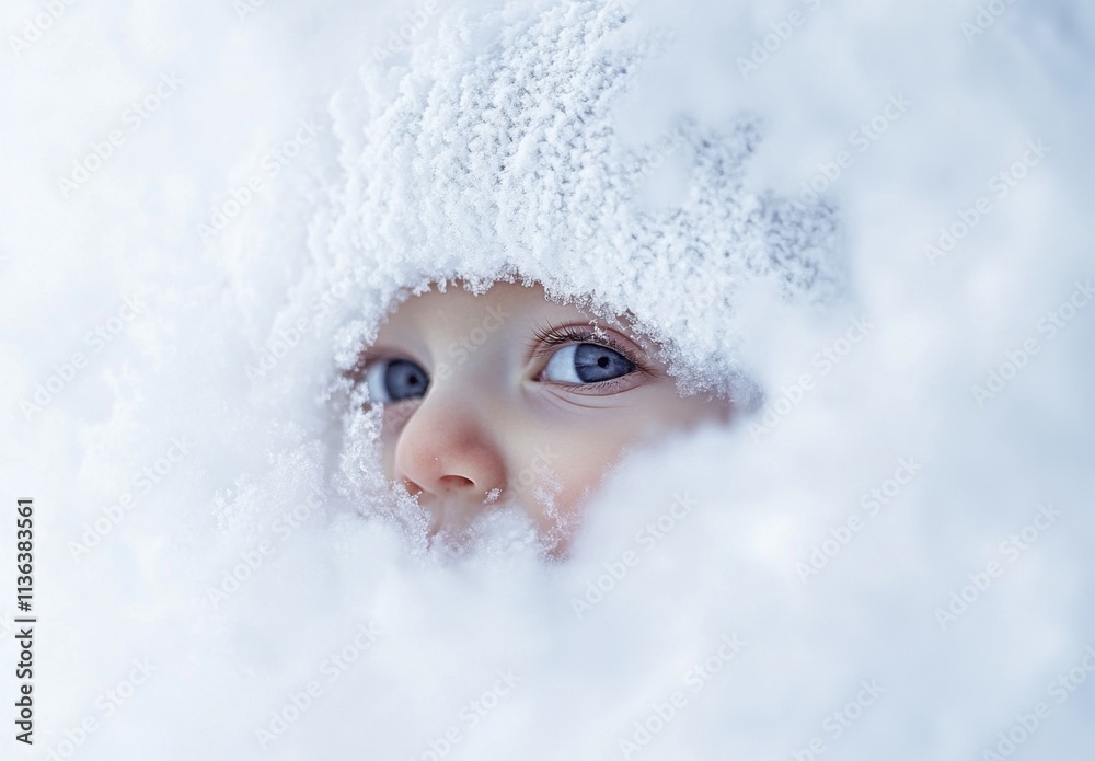 Close-up of a baby's face in the snow, covered with fluffy white snow and wearing a winter hat, looking through the dense pile of snow at the camera, isolated on a light background Close-up of a baby's face in the snow, covered with fluffy white snow and wearing a winter hat, looking through the dense pile of snow at the camera, isolated on a light background