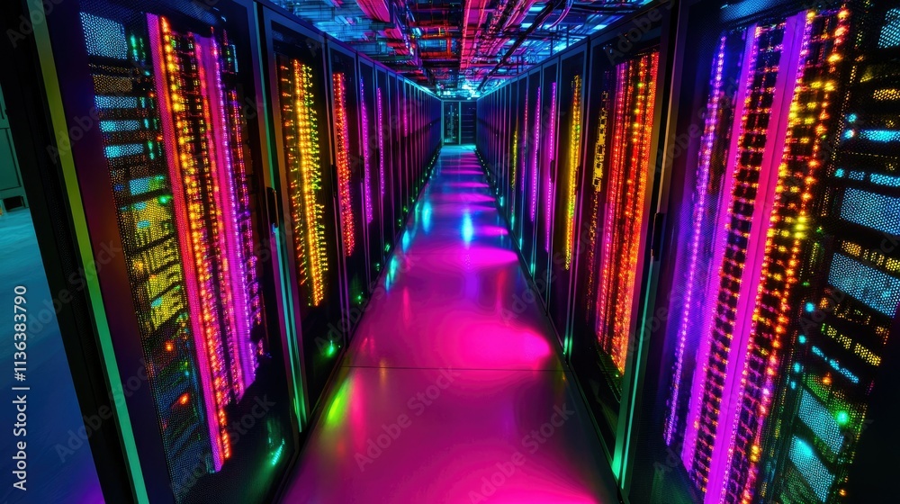 Fototapeta premium Aerial view of a data center with vibrant neon colors radiating from interconnected servers and cables.