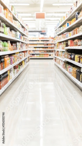 Blurred supermarket aisle with a variety of products creating an inviting atmosphere for shoppers and enhancing branding opportunities