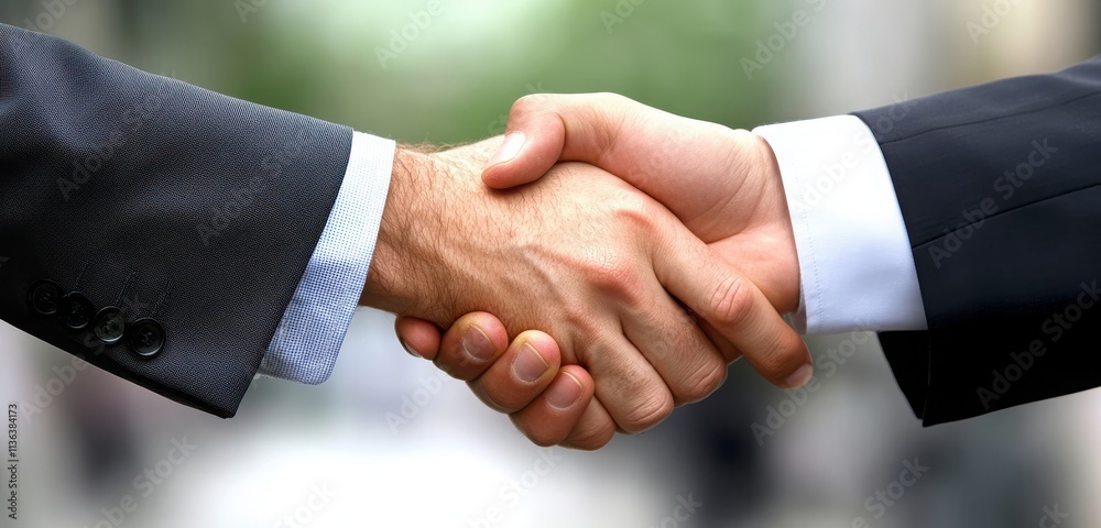 A close-up shot of two businessmen shaking hands against a blurred business background, symbolizing success and confidence, with ample space for text, perfect for a banner design A close-up shot of two businessmen shaking hands against a blurred business background, symbolizing success and confidence, with ample space for text, perfect for a banner design