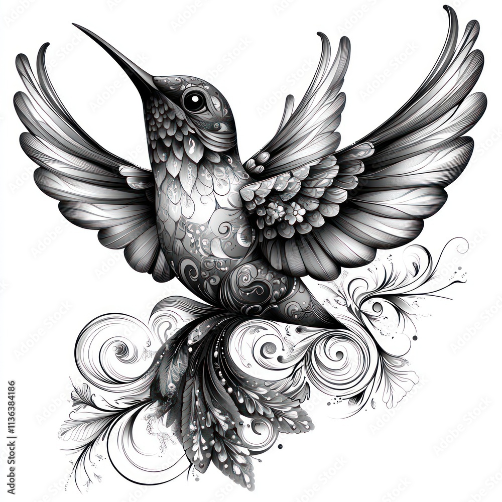Obraz premium Ornate grayscale hummingbird in flight, perched on swirling floral design.