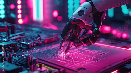High-tech robotic arm with precision grippers assembling a circuit board under neon lighting.