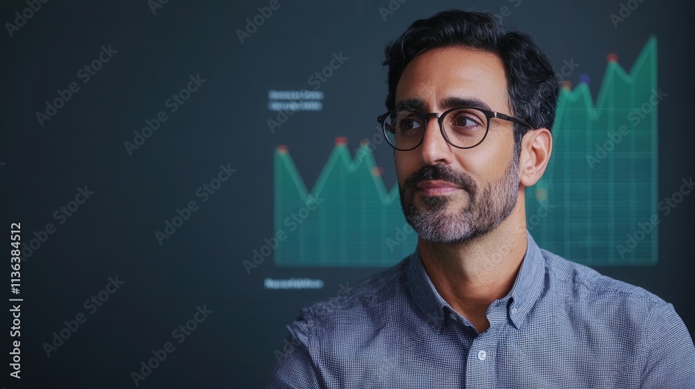 Risk scale measurement and management, A man with glasses looks thoughtfully at a digital display of fluctuating graphs and data trends in a modern office setting. Risk scale measurement and management, A man with glasses looks thoughtfully at a digital display of fluctuating graphs and data trends in a modern office setting.