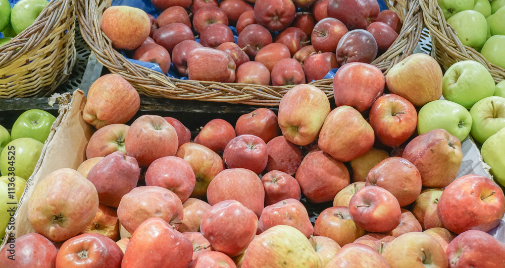 Red and Green Apples in Market Baskets Red and Green Apples in Market Baskets