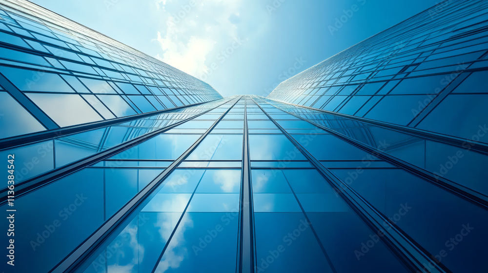 Obraz premium Modern glass skyscrapers reflecting the blue sky and white clouds from a low angle on a sunny day
