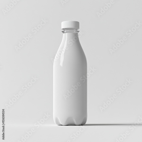 Minimalist 3D icon of a milk bottle designed with a subtle curve, placed in the center of a vast white space