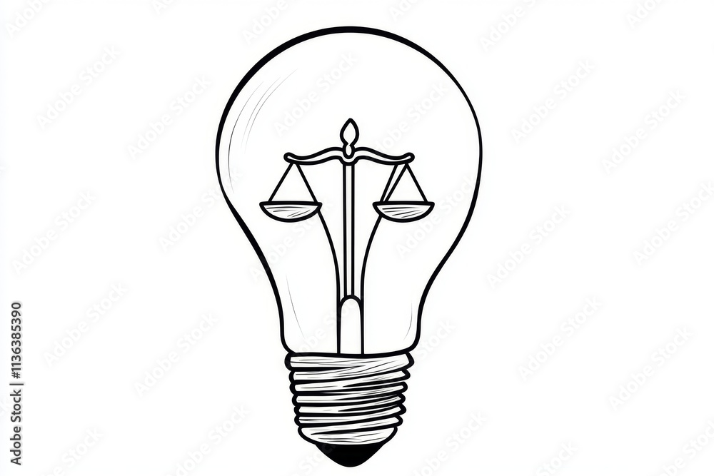A single line art drawing of a light bulb with a balanced scale inside it, symbolizing ethical ideas A single line art drawing of a light bulb with a balanced scale inside it, symbolizing ethical ideas