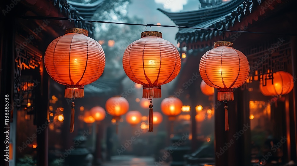 Illuminated Chinese Lanterns Hanging In An Ancient Alleyway Illuminated Chinese Lanterns Hanging In An Ancient Alleyway