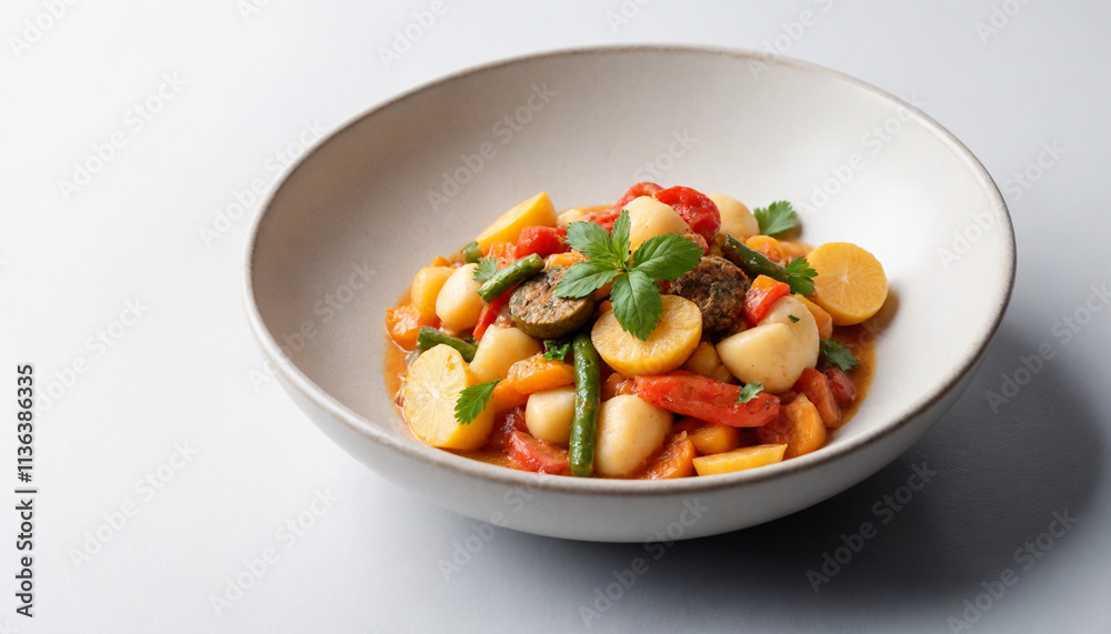 Moqueca in Michelin-star style in vibrant red, green, and orange hues for culinary presentation with copy space Moqueca in Michelin-star style in vibrant red, green, and orange hues for culinary presentation with copy space