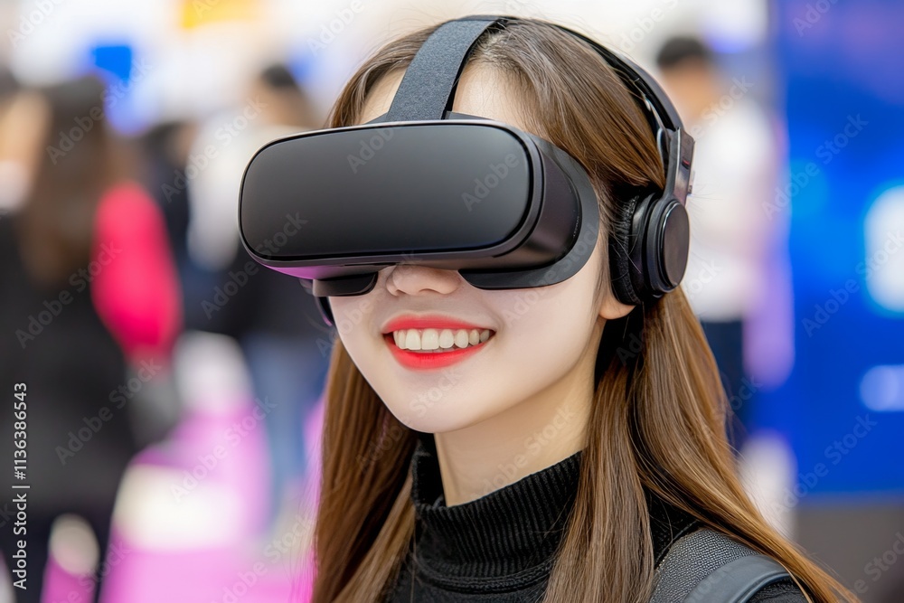 A technology expo event, with booths showcasing the latest gadgets and innovations, and attendees trying out VR headsets A technology expo event, with booths showcasing the latest gadgets and innovations, and attendees trying out VR headsets