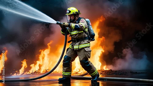 Firefighter in Full Gear Extinguishing a Blaze with Water Hose Amid Intense Flames and Smoke

 photo