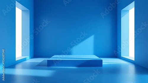 Interior corner wall room blue 3d background of abstract window light stage scene or empty product studio showroom display and blank presentation podium pedestal platform perspective table backdrop.