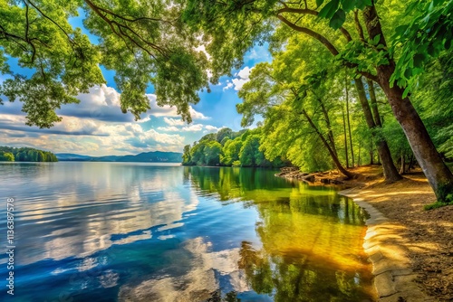Serene Cove View at Lake Norman, North Carolina: A Tranquil Escape Surrounded by Lush Greenery and Reflective Waters Perfect for Nature Lovers and Outdoor Enthusiasts